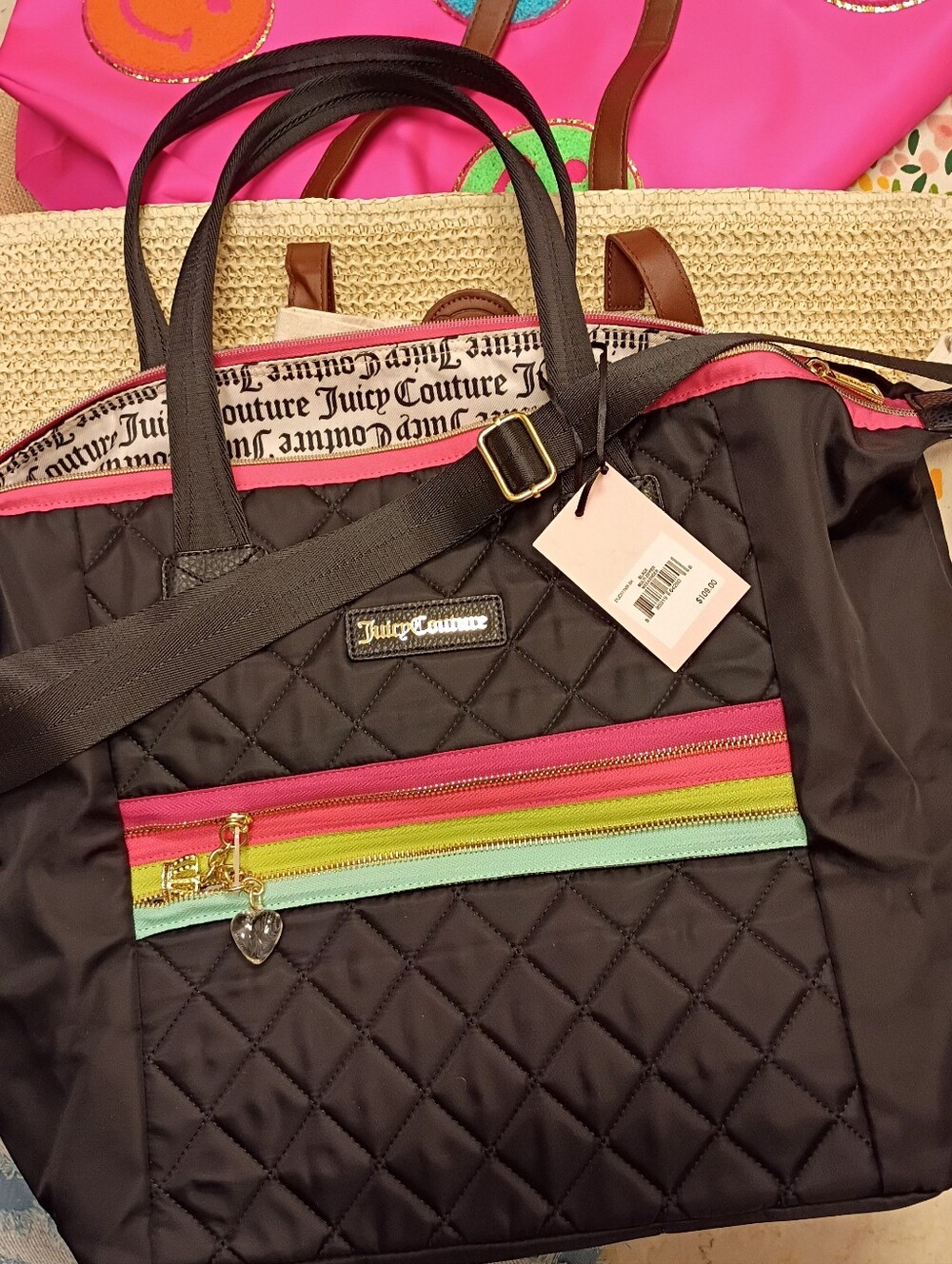 Juicy Collection Black Bag & Hot Pink Smiley Tote Colorful Floral MOM Bundles 9